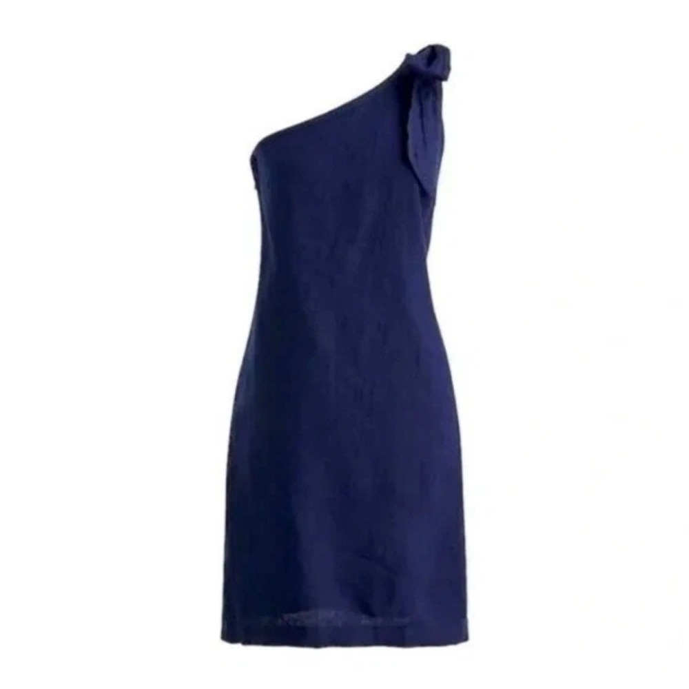 J. Crew NWT One Shoulder Linen Dress Womens XS Navy Blue Bow Mini Shift Preppy